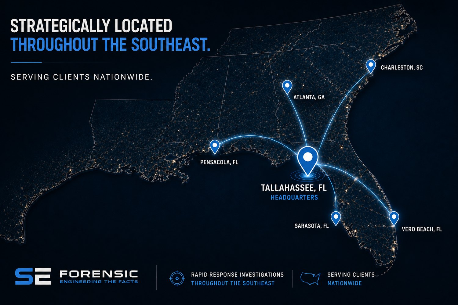 SE Forensic locations across the Southeast — Tallahassee HQ, Pensacola, Atlanta, Charleston, Sarasota, and Vero Beach; serving clients nationwide
