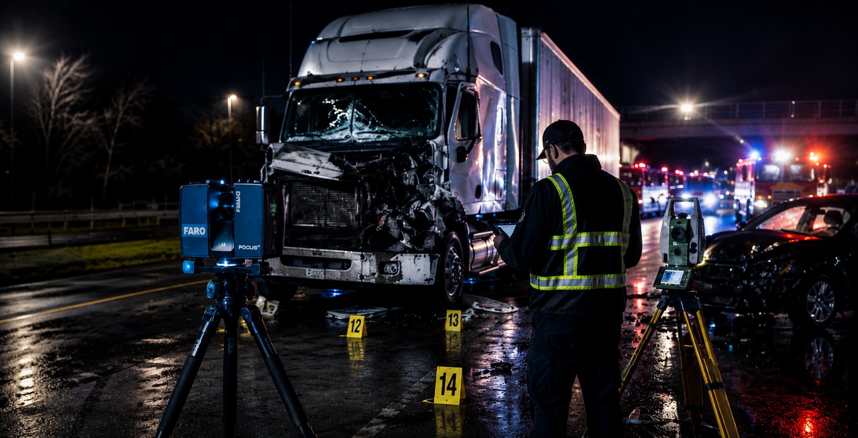 Night-time crash scene investigation — 3D laser scanning and total-station mapping of a commercial truck collision